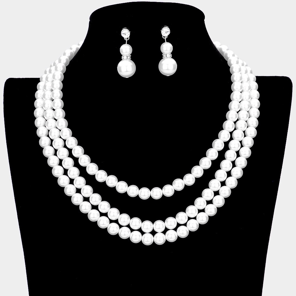 White Pearls Triple Layered Elegant Bib Necklace Set MultiStrand Design